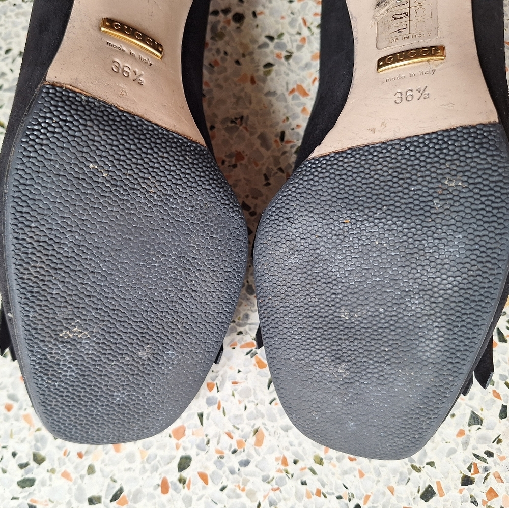 Gucci Marmont Suede Fringe GG Logo‎ Loafer Pumps - Picture 15 of 17